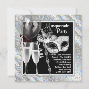 Champagne Confetti Black en Blue Masquerade Party Kaart