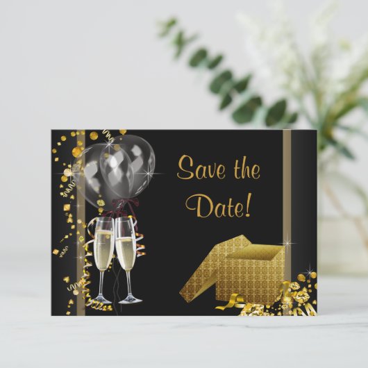 Champagne Confetti Black Gold Bewaar de datum Save The Date (Staand voorkant)