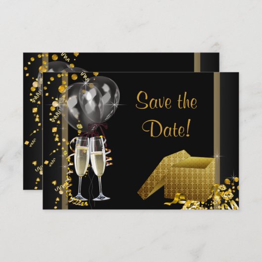 Champagne Confetti Black Gold Bewaar de datum Save The Date (Voorkant / Achterkant)