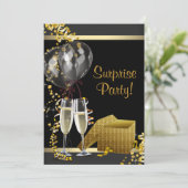 Champagne Confetti Black Gold Surprise Party Kaart (Staand voorkant)