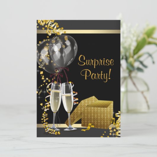 Champagne Confetti Black Gold Surprise Party Kaart (Staand voorkant)