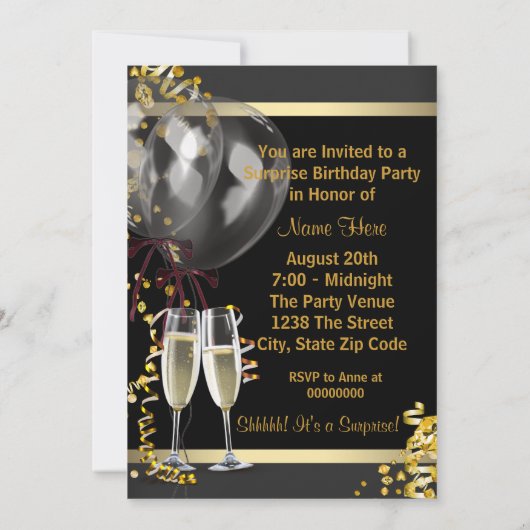 Champagne Confetti Black Gold Surprise Party Kaart (Achterkant)