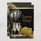 Champagne Confetti Black Gold Surprise Party Kaart (Voorkant / Achterkant)