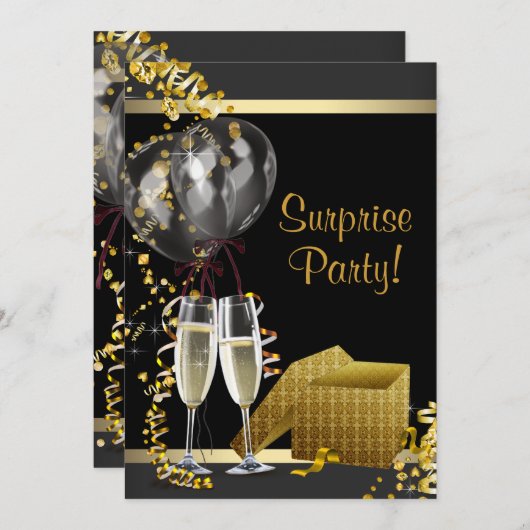 Champagne Confetti Black Gold Surprise Party Kaart (Voorkant / Achterkant)