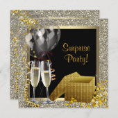 Champagne Confetti Black Gold Surprise Party Kaart (Voorkant / Achterkant)