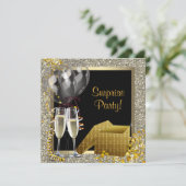 Champagne Confetti Black Gold Surprise Party Kaart (Staand voorkant)