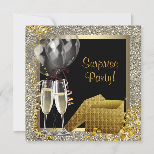 Champagne Confetti Black Gold Surprise Party Kaart (Voorkant)