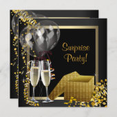 Champagne Confetti Black Gold Surprise Party Kaart (Voorkant / Achterkant)