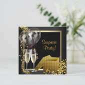 Champagne Confetti Black Gold Surprise Party Kaart (Staand voorkant)