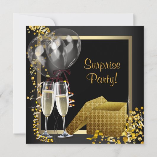 Champagne Confetti Black Gold Surprise Party Kaart (Voorkant)
