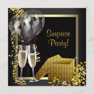 Champagne Confetti Black Gold Surprise Party Kaart