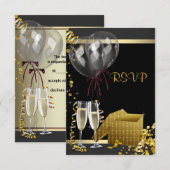 Champagne Confetti Black Gold Surprise Party RSVP (Voorkant / Achterkant)