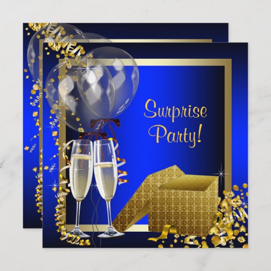 Champagne Confetti Blauw en Goud Verrassingsfeest Kaart (Voorkant / Achterkant)