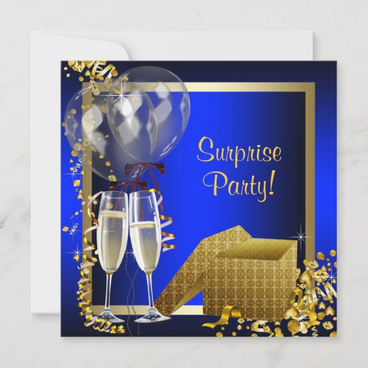 Champagne Confetti Blauw en Goud Verrassingsfeest Kaart (Voorkant)