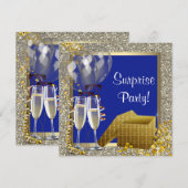 Champagne Confetti Navy Blue Gold Surprise Party Kaart (Voorkant / Achterkant)