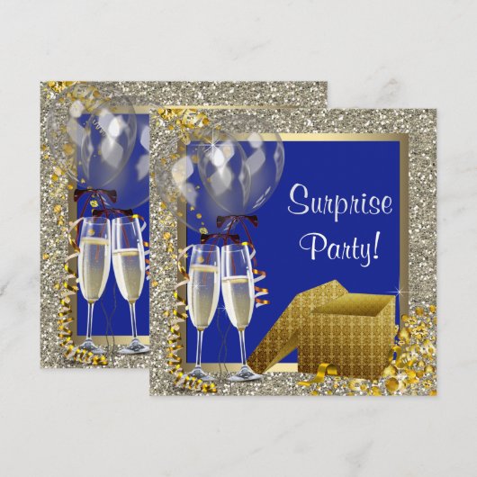 Champagne Confetti Navy Blue Gold Surprise Party Kaart (Voorkant / Achterkant)