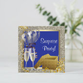 Champagne Confetti Navy Blue Gold Surprise Party Kaart (Staand voorkant)