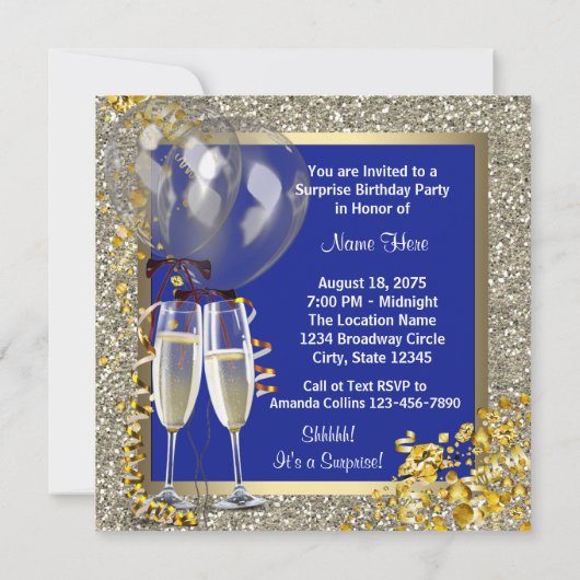 Champagne Confetti Navy Blue Gold Surprise Party Kaart (Achterkant)