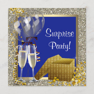 Champagne Confetti Navy Blue Gold Surprise Party Kaart