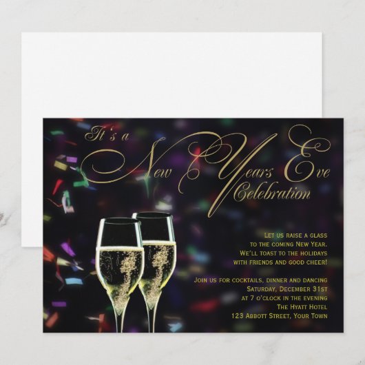 Champagne Confetti New Years Eve Party Invitation Kaart (Voorkant / Achterkant)