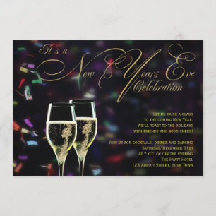 Champagne Confetti New Years Eve Party Invitation Kaart