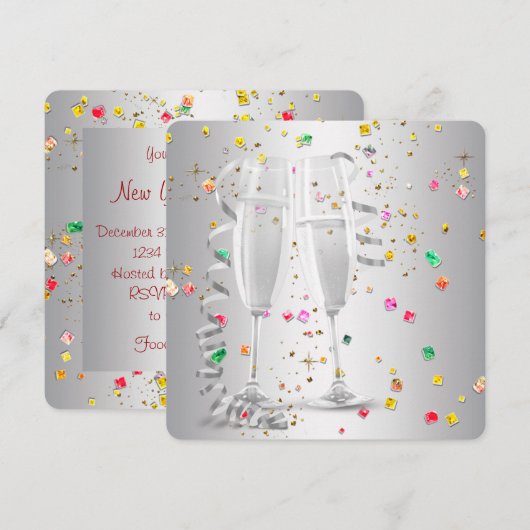 Champagne Confetti Oudejaarsuitnodigingen Kaart (Voorkant / Achterkant)