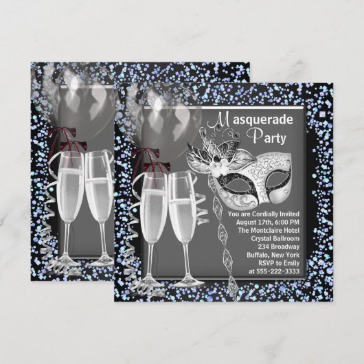 Champagne Confetti Silver Black Masquerade Party Kaart (Voorkant / Achterkant)