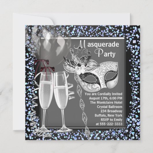 Champagne Confetti Silver Black Masquerade Party Kaart (Voorkant)