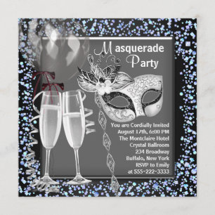 Champagne Confetti Silver Black Masquerade Party Kaart