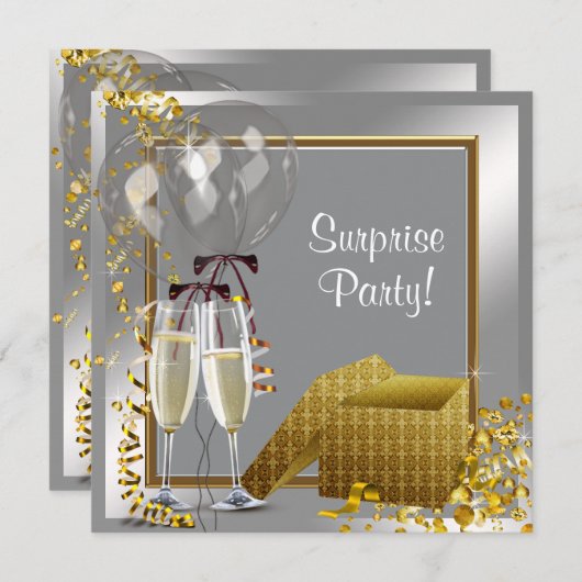 Champagne Confetti Silver en Gold Surprise Party Kaart (Voorkant / Achterkant)