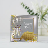 Champagne Confetti Silver en Gold Surprise Party Kaart (Staand voorkant)