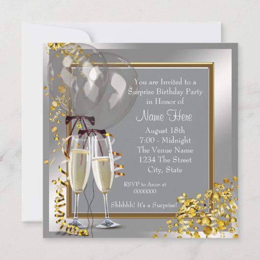 Champagne Confetti Silver en Gold Surprise Party Kaart (Achterkant)