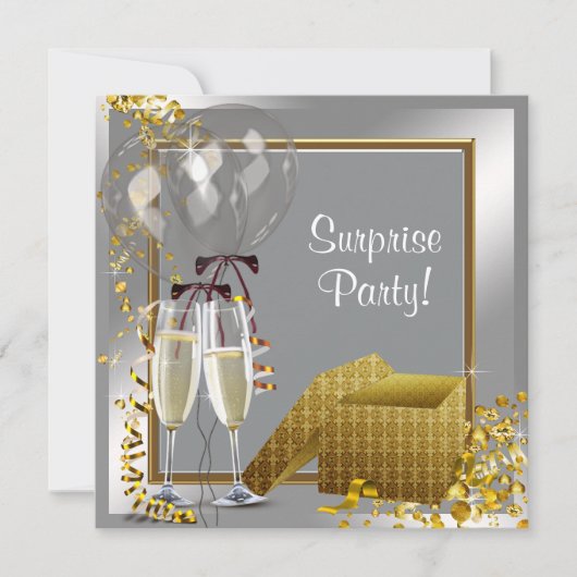 Champagne Confetti Silver en Gold Surprise Party Kaart (Voorkant)