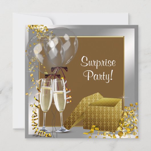 Champagne Confetti Silver Gold Surprise Party Kaart (Voorkant)