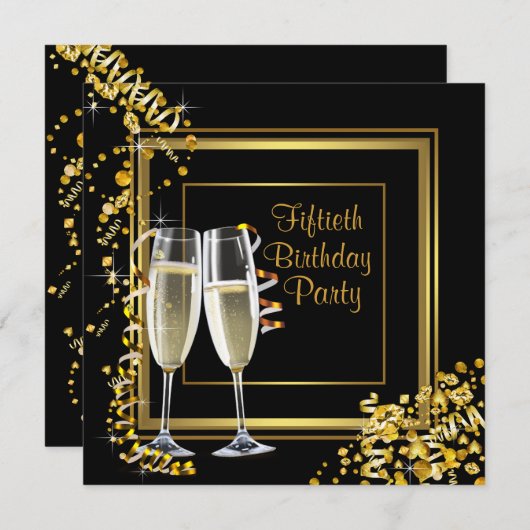 Champagne Confetti Zwart Goud 50ste Verjaardagsfee Kaart (Voorkant / Achterkant)