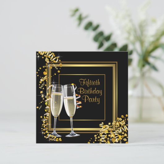 Champagne Confetti Zwart Goud 50ste Verjaardagsfee Kaart (Staand voorkant)