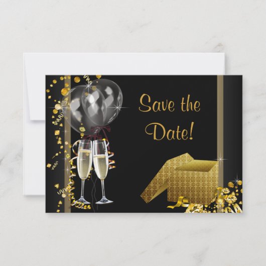 Champagne Confetti Zwart Goud Save The Date (Voorkant)