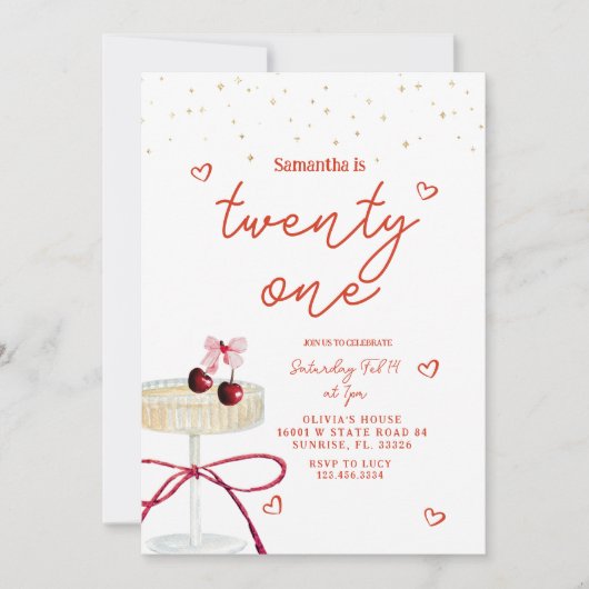 Champagne Coupe Cherry Heart Birthday Invitation Kaart (Voorkant)
