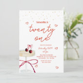Champagne Coupe Cherry Heart Birthday Invitation Kaart (Staand voorkant)