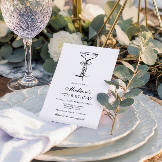 Champagne Coupe Elegant Bow Birthday Invitation Kaart