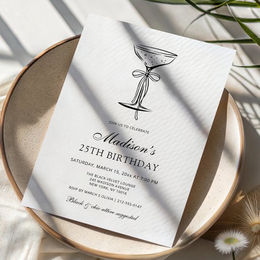 Champagne Coupe Elegant Bow Birthday Invitation Kaart