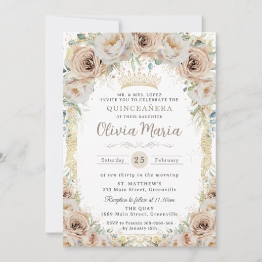 Champagne Cream Beige Bloemen  Quinceanera Kaart (Voorkant)