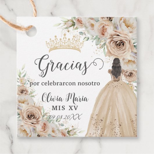 Champagne Crème Beige Bloemen Prinses Quinceañera Bedankjes Labels (Voorkant)