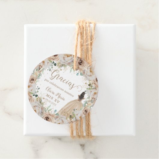 Champagne Crème Beige Bloemen Prinses Quinceañera Bedankjes Labels (In situ)