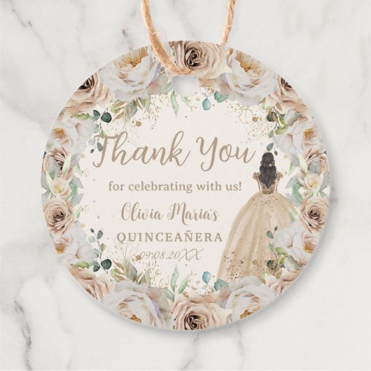 Champagne Crème Beige Bloemen Prinses Quinceañera Bedankjes Labels (Achterkant)