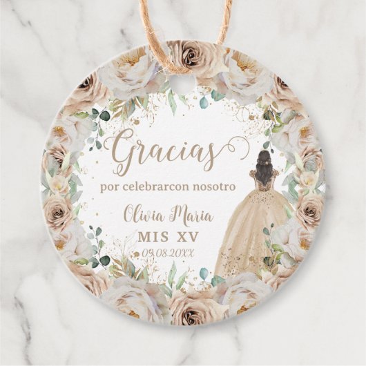Champagne Crème Beige Bloemen Prinses Quinceañera Bedankjes Labels (Voorkant)
