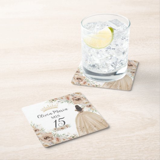 Champagne Crème Beige Bloemen Prinses Quinceañera Kartonnen Onderzetters (Insitu)