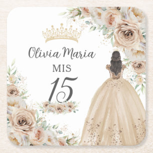 Champagne Crème Beige Bloemen Prinses Quinceañera Kartonnen Onderzetters