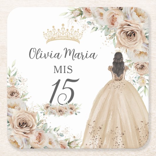 Champagne Crème Beige Bloemen Prinses Quinceañera Kartonnen Onderzetters (Voorkant)