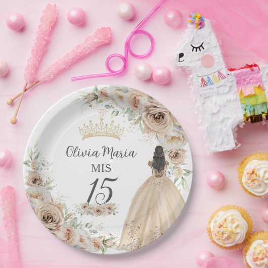 Champagne Crème Beige Bloemen Prinses Quinceañera Papieren Bordje (Feest)